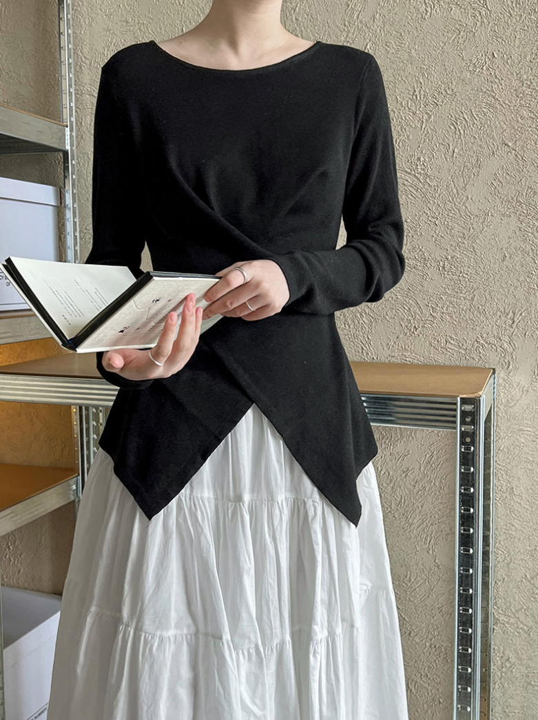 アシンメトリークロスデザイン ニットトップス