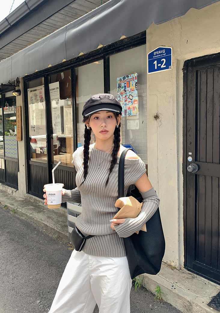 アームウォーマー付きリブトップス