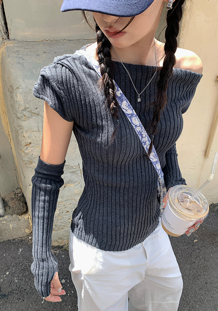 アームウォーマー付きリブトップス