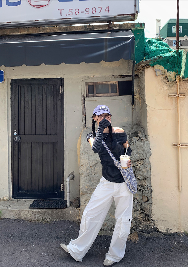 アームウォーマー付きリブトップス