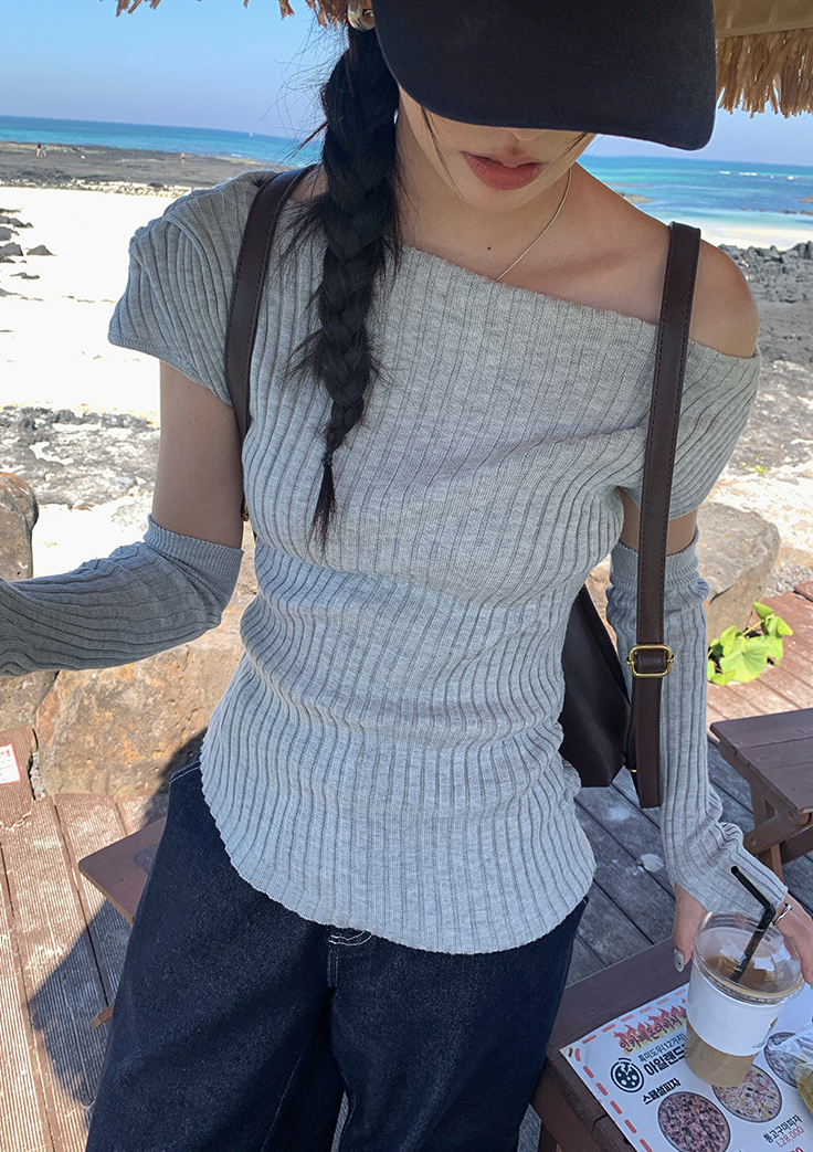 アームウォーマー付きリブトップス