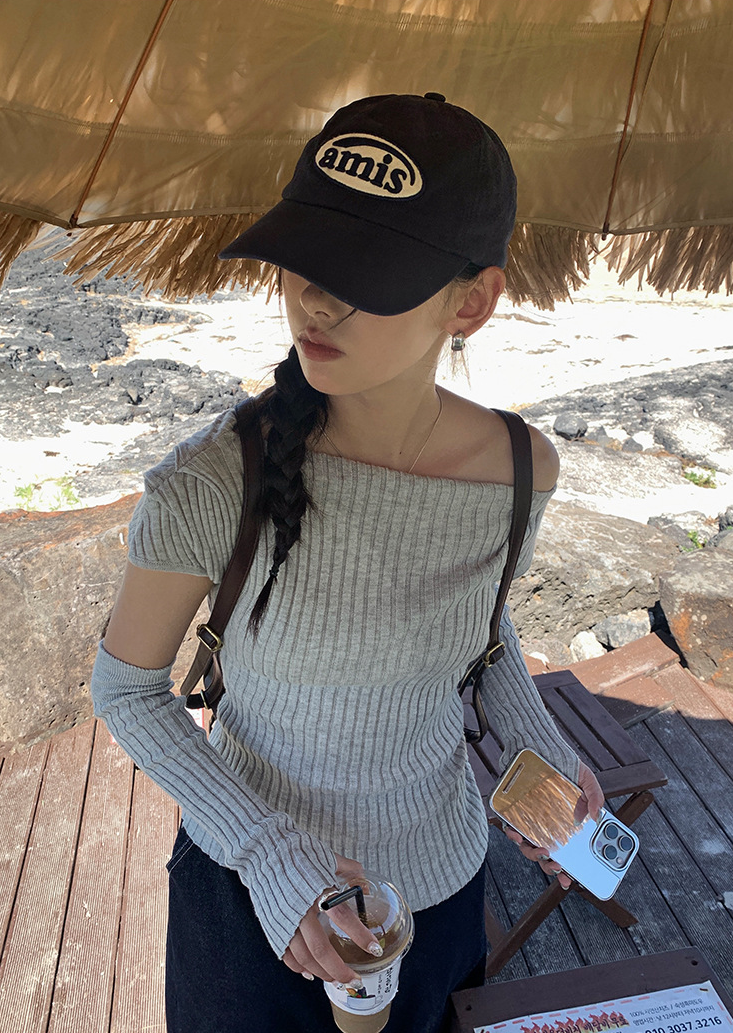 アームウォーマー付きリブトップス