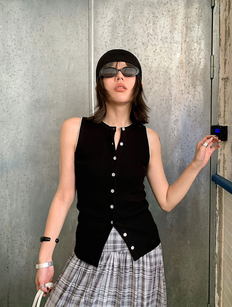 ノースリーブリブニットカーディガンベスト