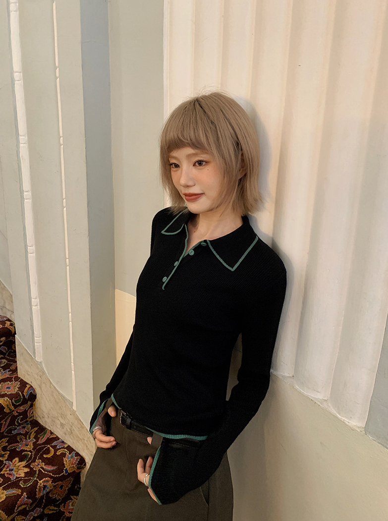 ステッチ カラーニットポロ