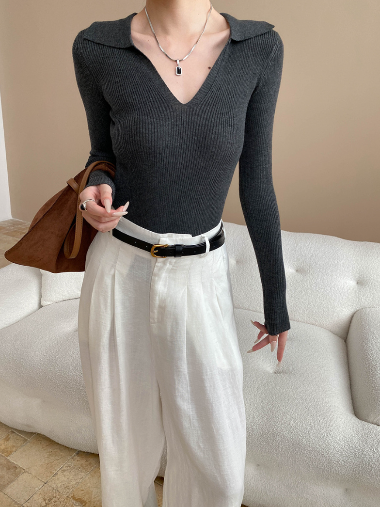 Vネックカラーニットトップス