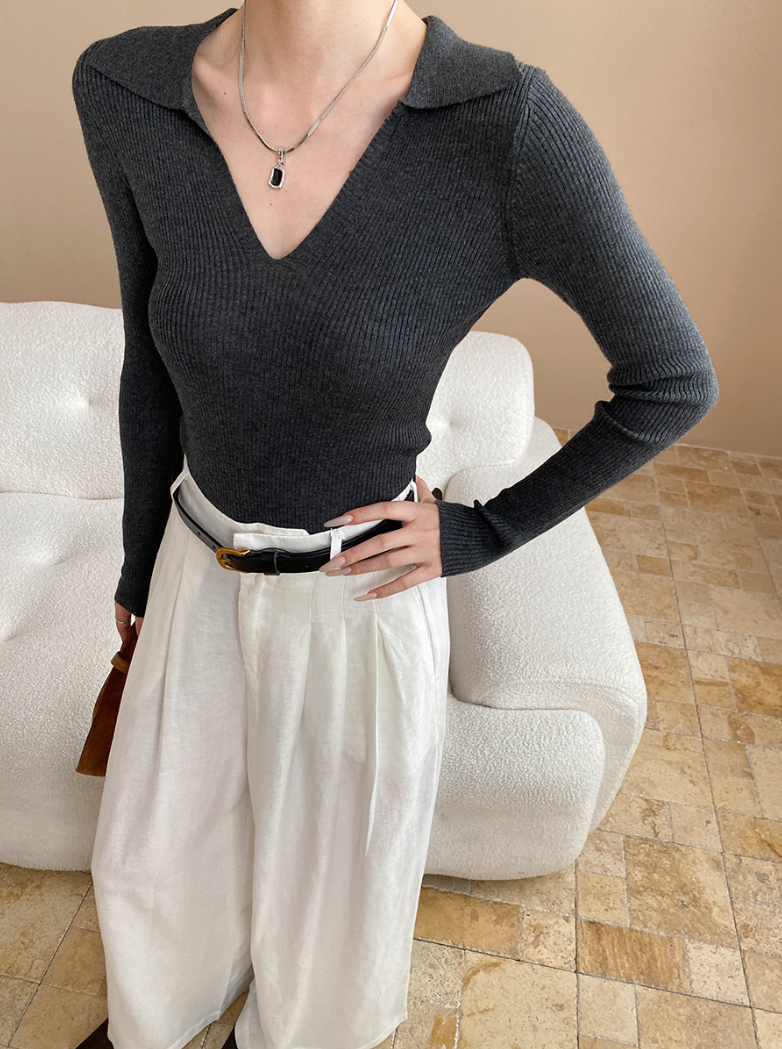 Vネックカラーニットトップス