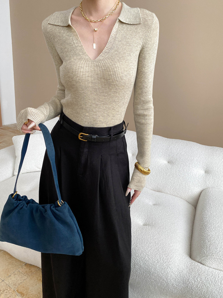 Vネックカラーニットトップス