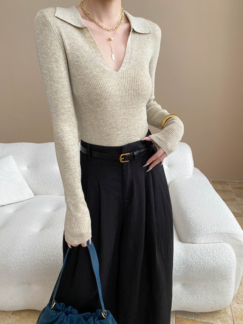 Vネックカラーニットトップス