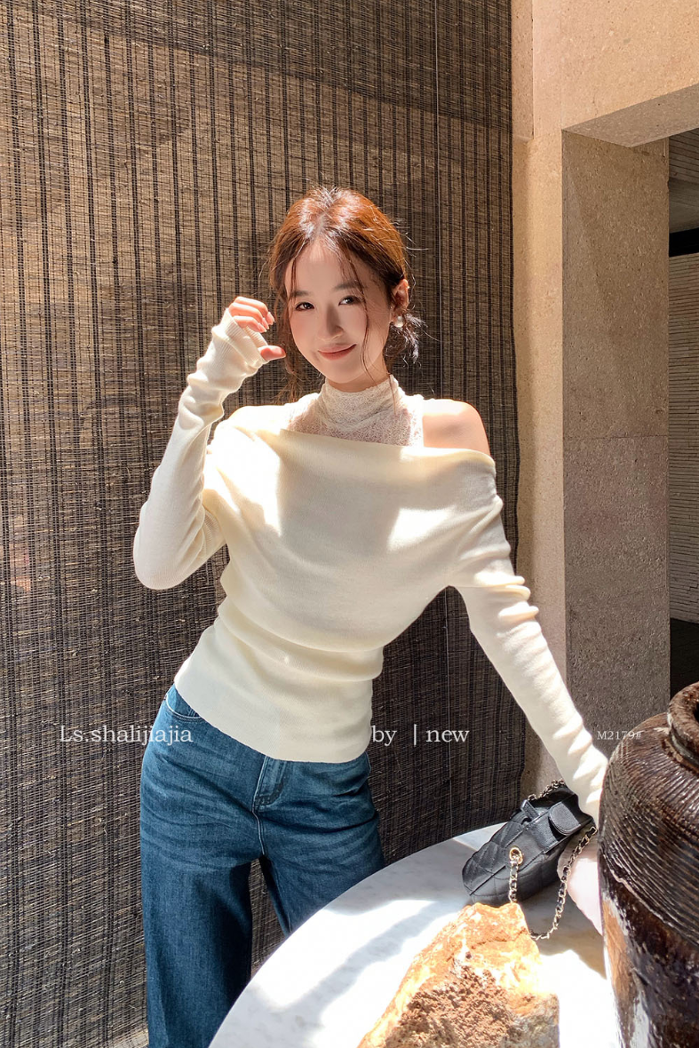 レースドッキングオフショルダーニットトップス – BLACKOUT