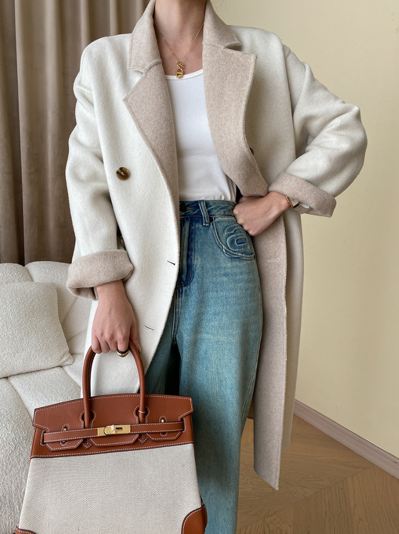 リバーシブルウールブレンドダブルブレストコート