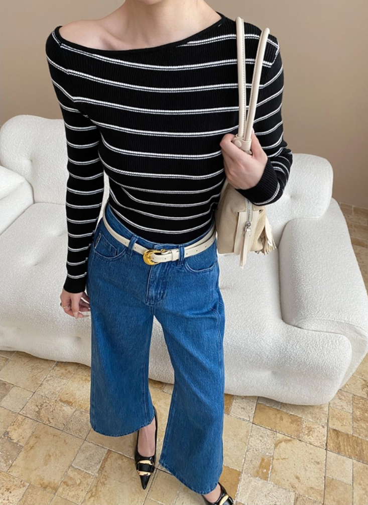 アシメネックボーダーニットトップス