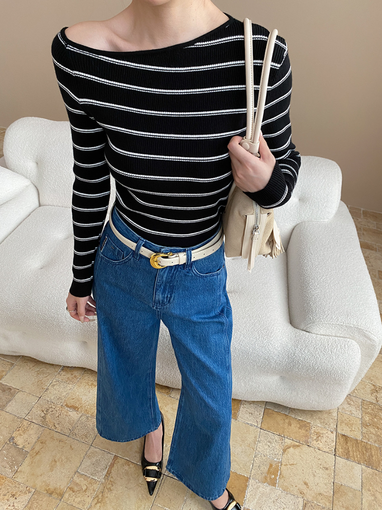 アシメネックボーダーニットトップス