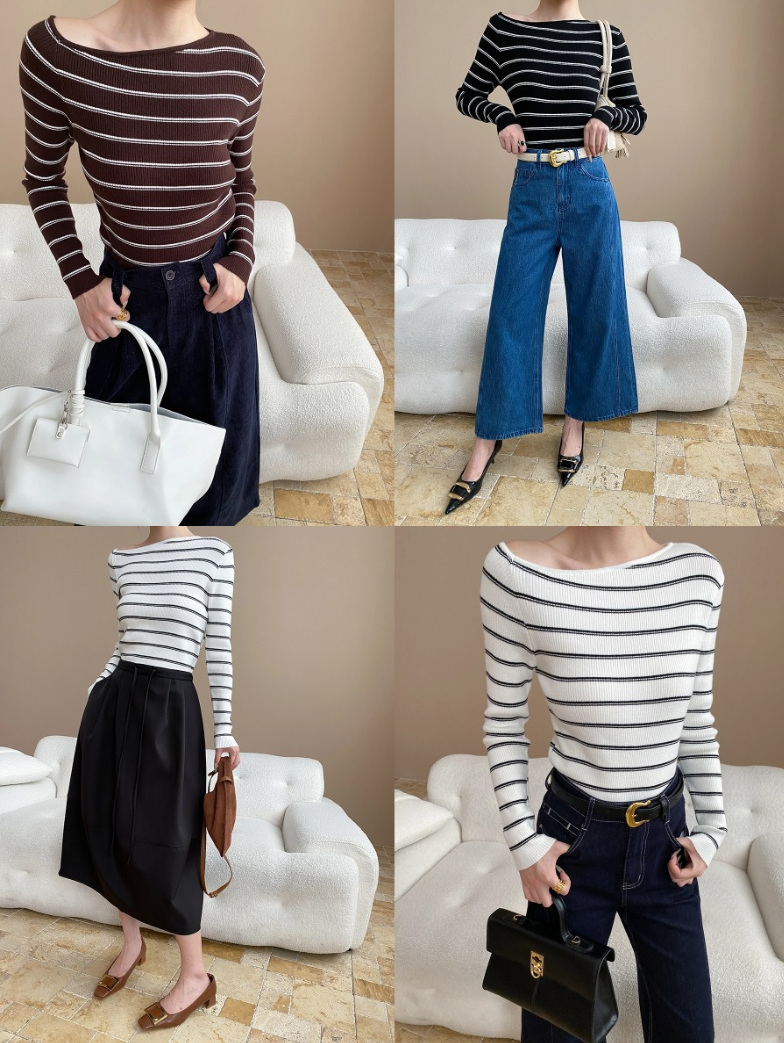 アシメネックボーダーニットトップス