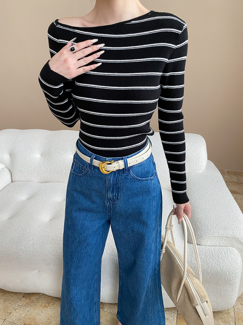 アシメネックボーダーニットトップス