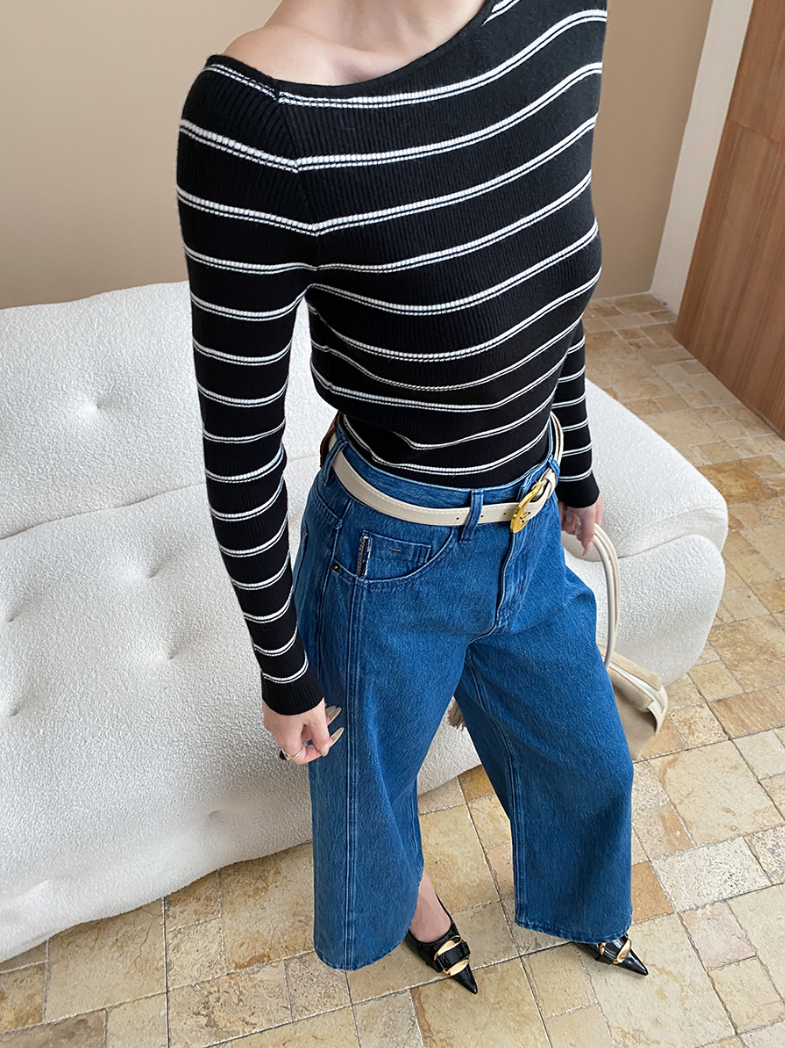 アシメネックボーダーニットトップス