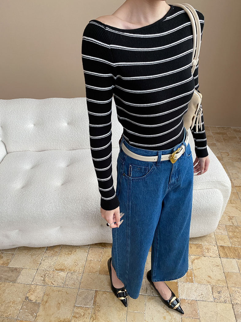 アシメネックボーダーニットトップス