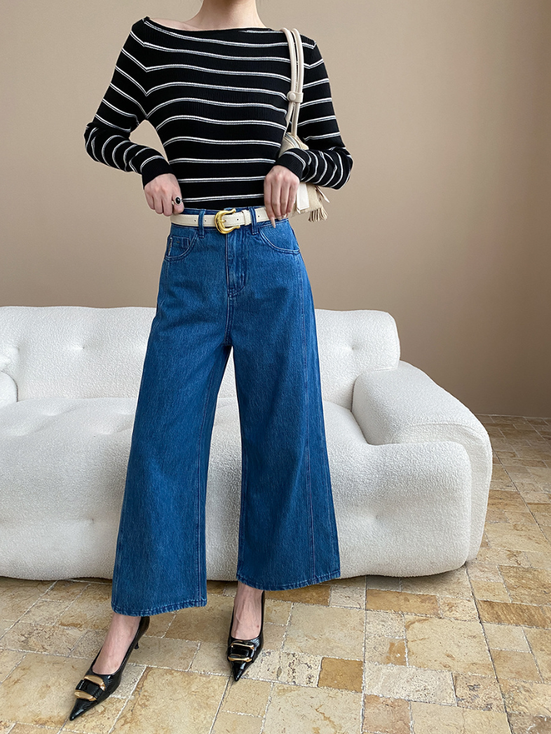 アシメネックボーダーニットトップス