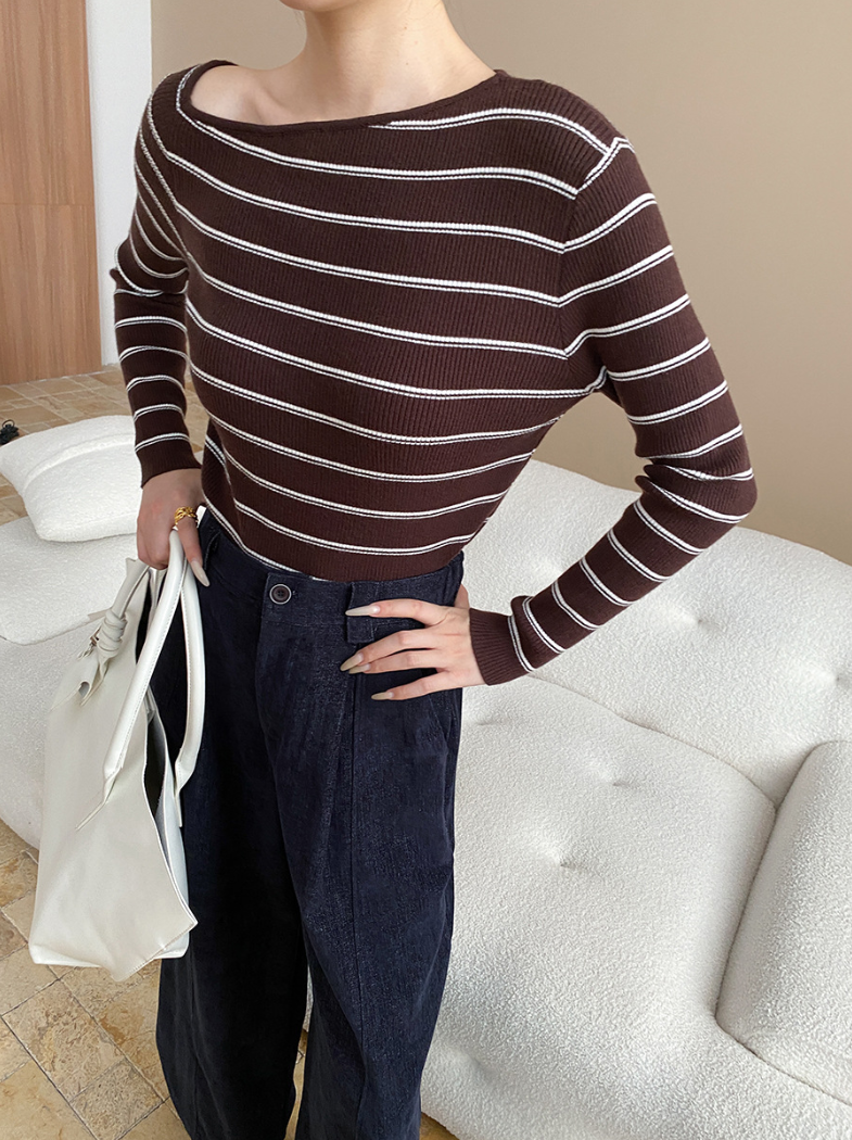 アシメネックボーダーニットトップス