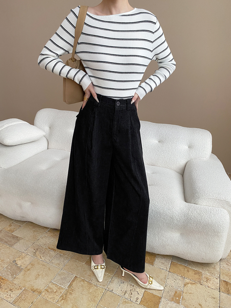 アシメネックボーダーニットトップス