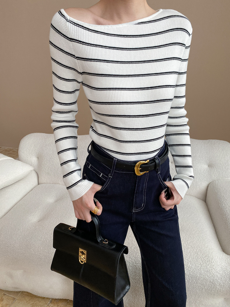 アシメネックボーダーニットトップス