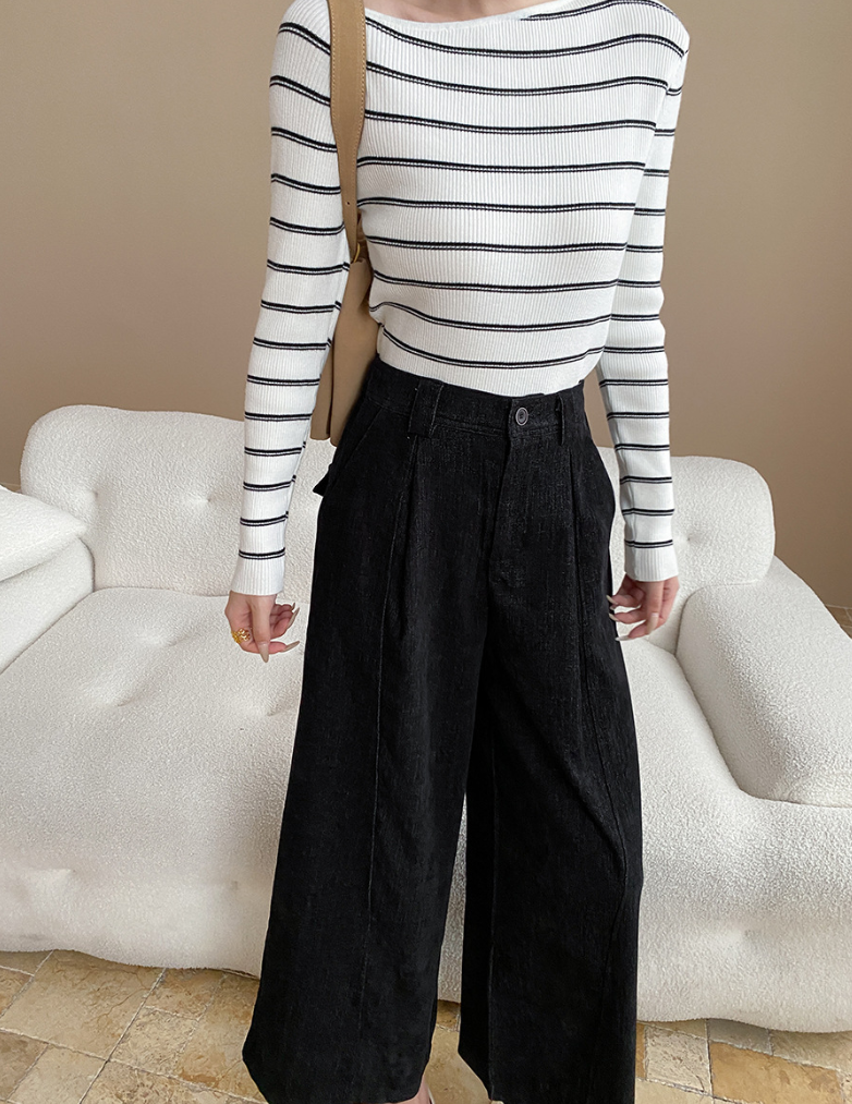 アシメネックボーダーニットトップス