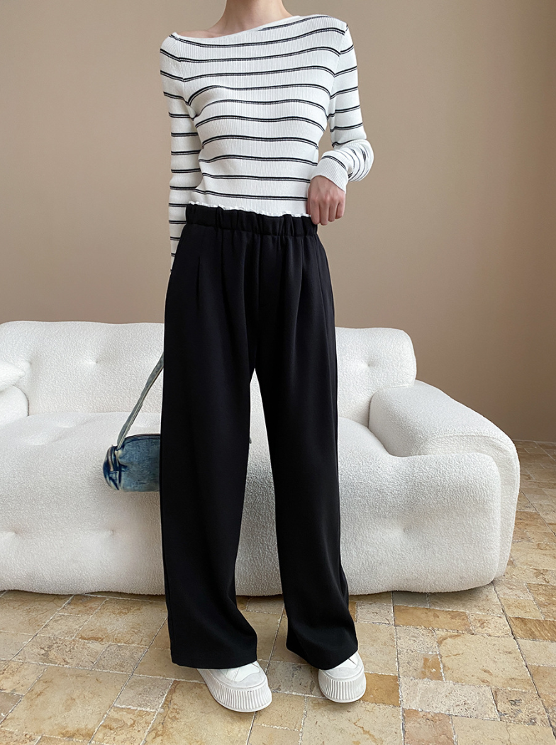 アシメネックボーダーニットトップス