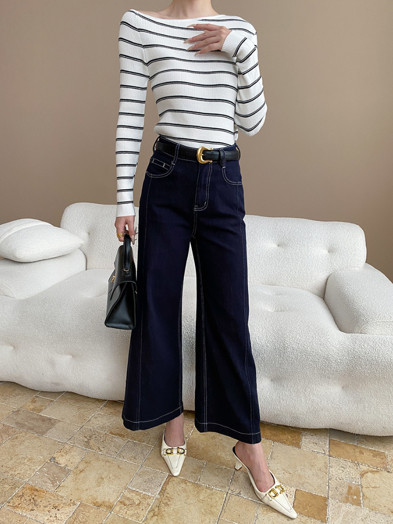 アシメネックボーダーニットトップス