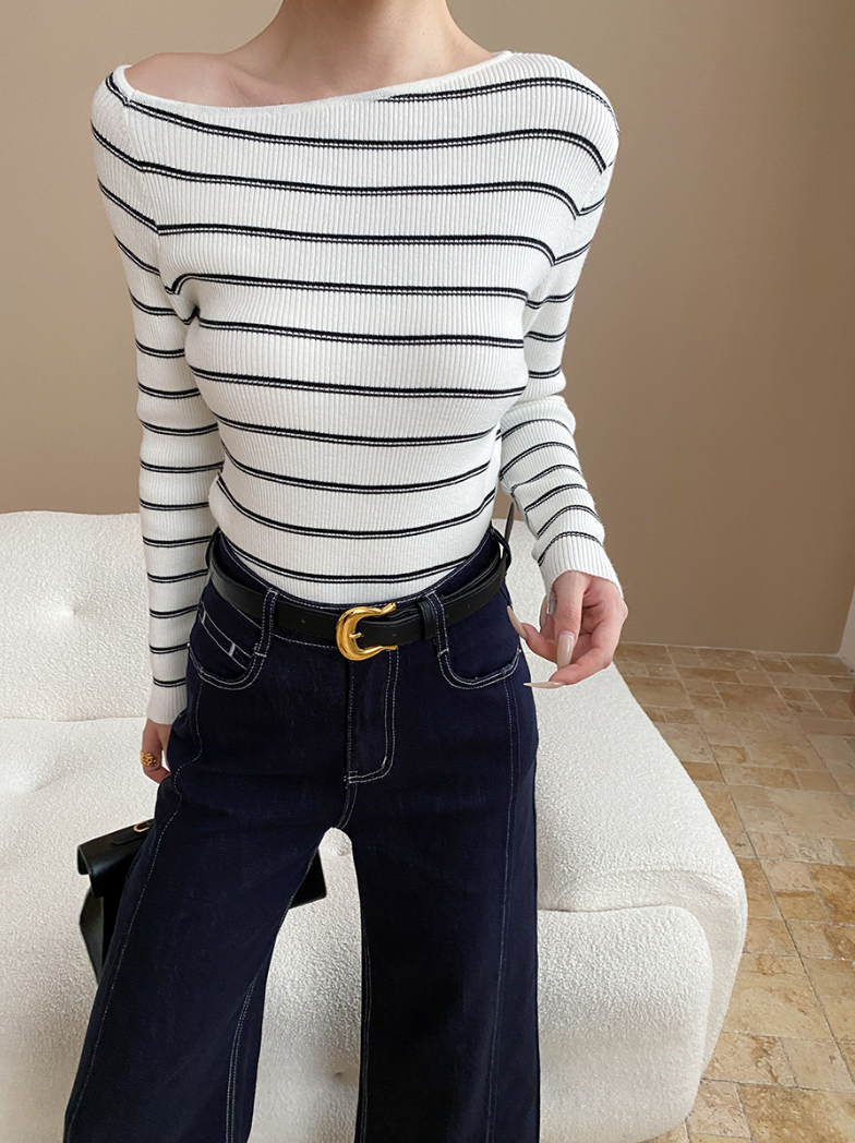 アシメネックボーダーニットトップス