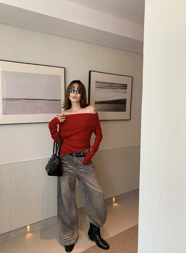 オフショルダースリムリブニットトップス