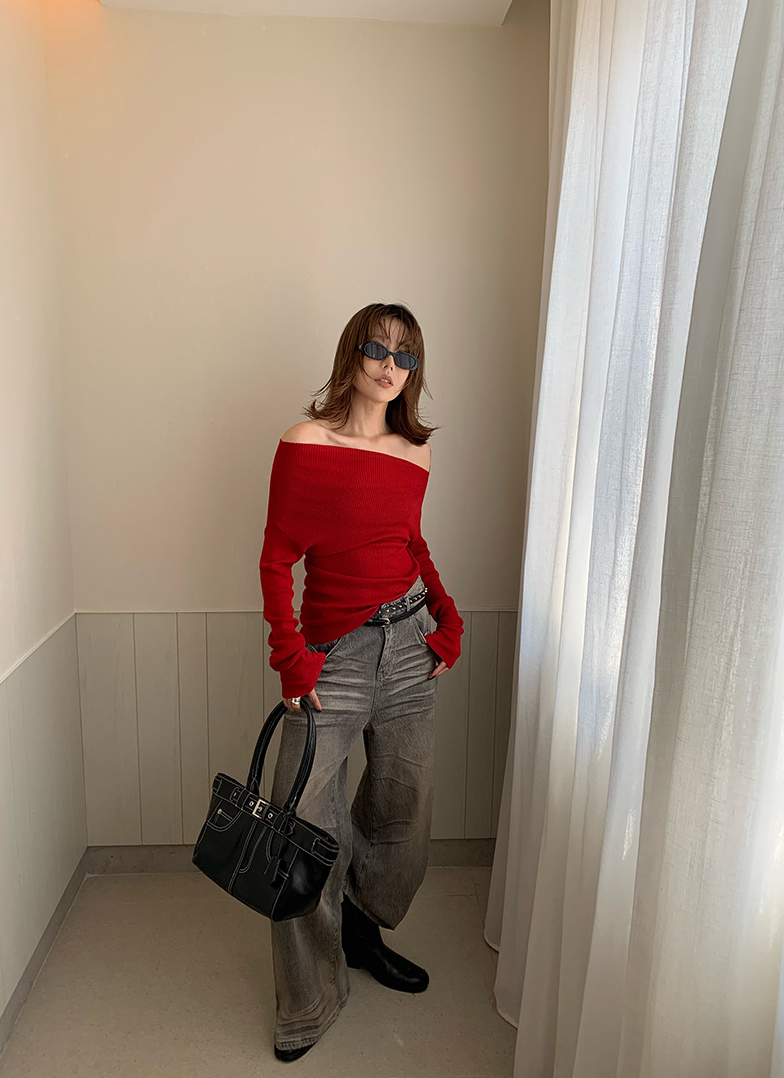 オフショルダースリムリブニットトップス