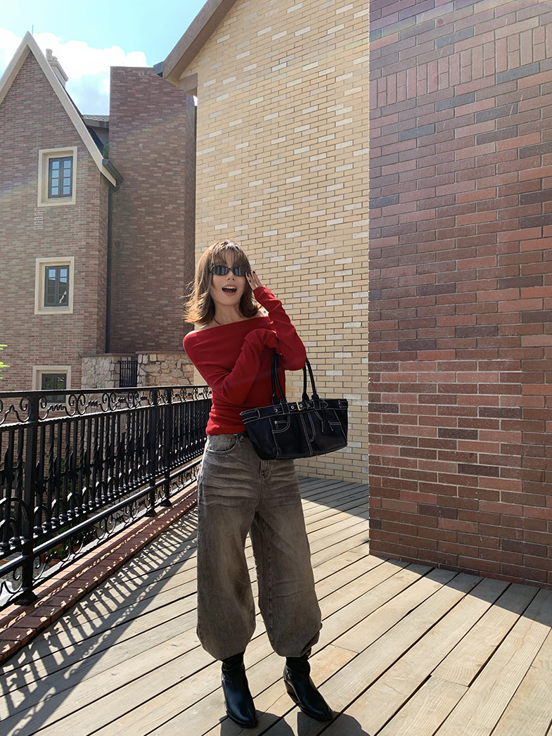 オフショルダースリムリブニットトップス