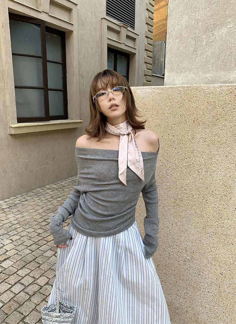 オフショルダースリムリブニットトップス