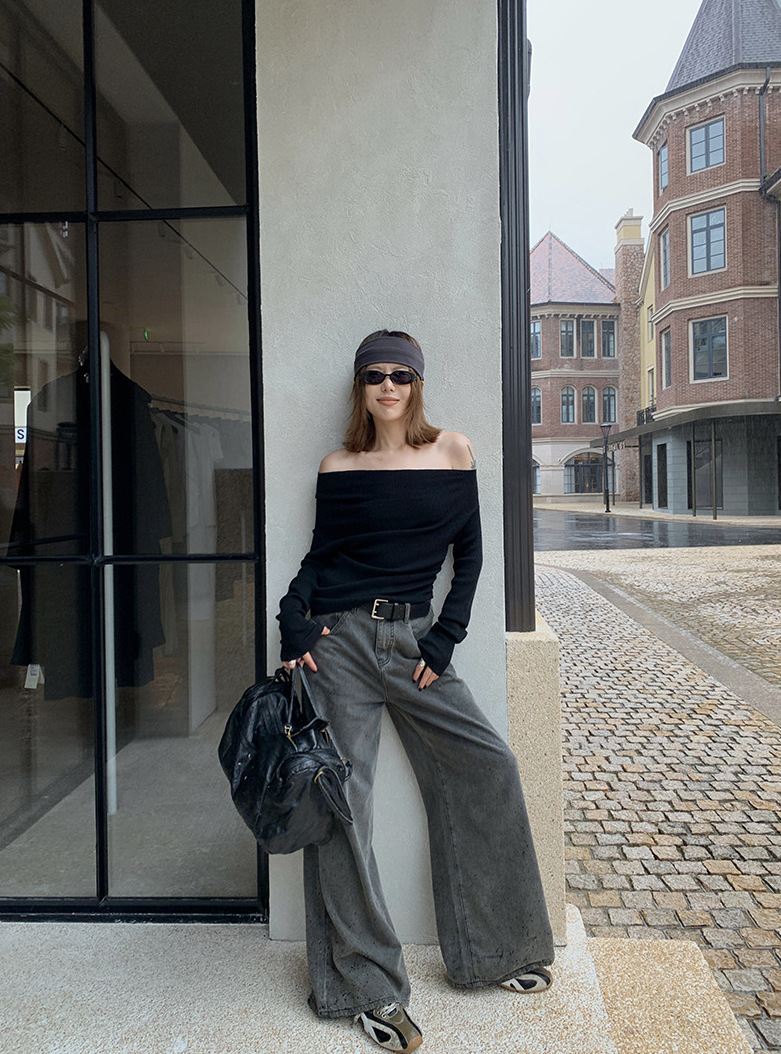 オフショルダースリムリブニットトップス