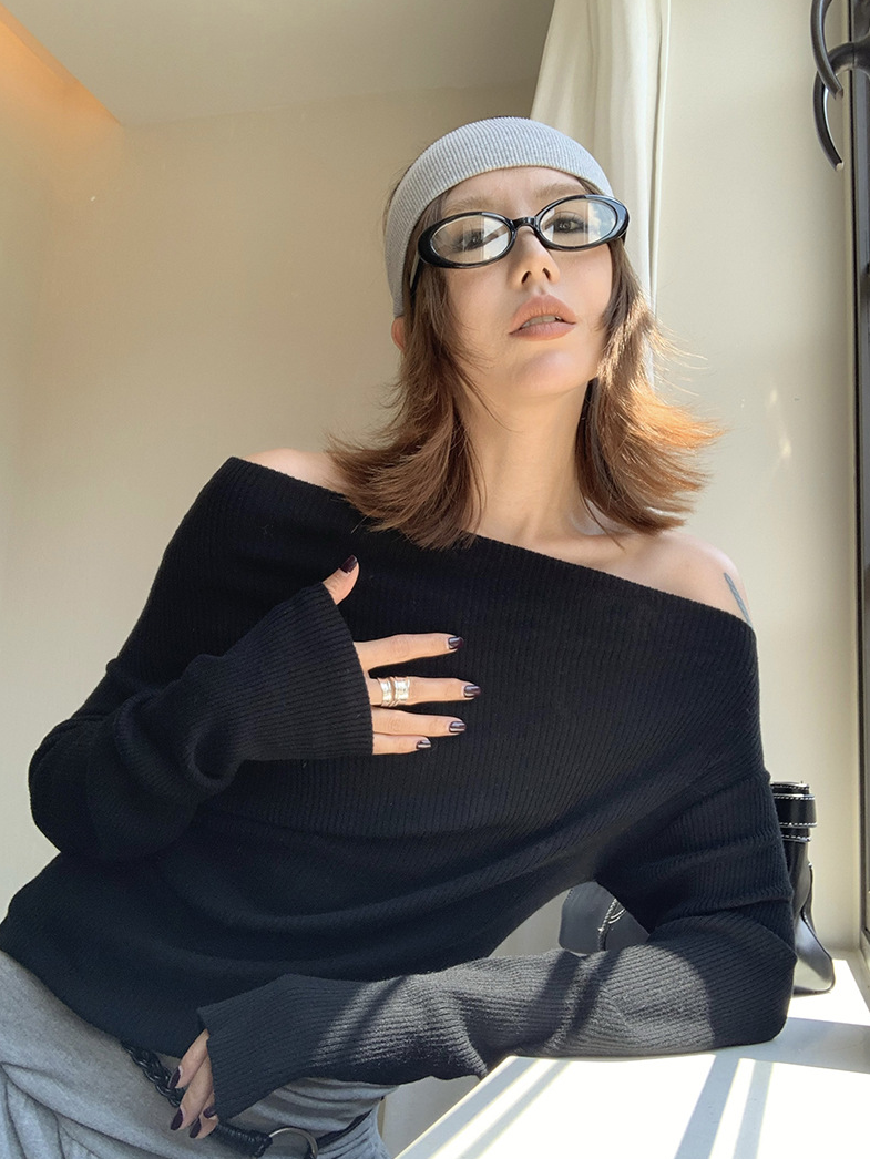 オフショルダースリムリブニットトップス