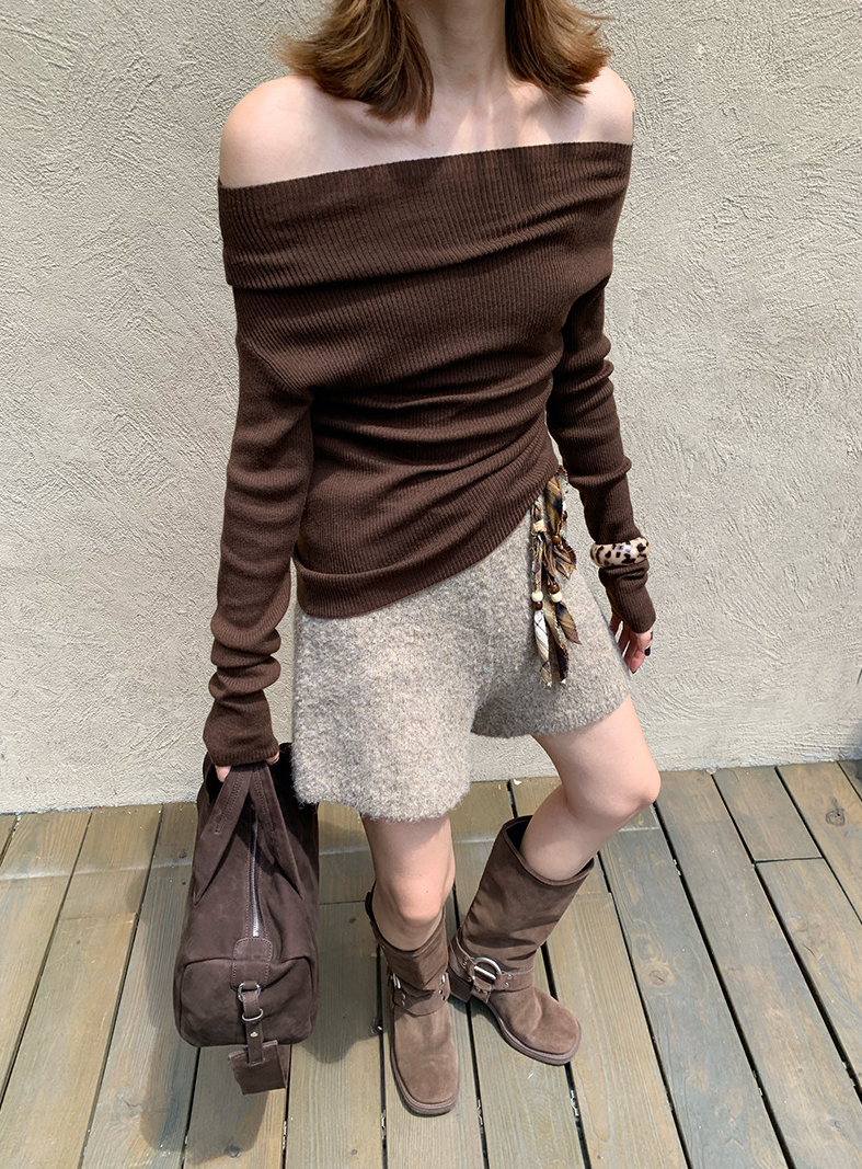  ★★オフショルダー リブ トップ スリム 10/10(金)PM12:00～販売START】オフショルダースリムリブニット