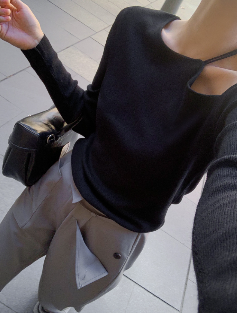 【即納】アシメショルダーニットトップス