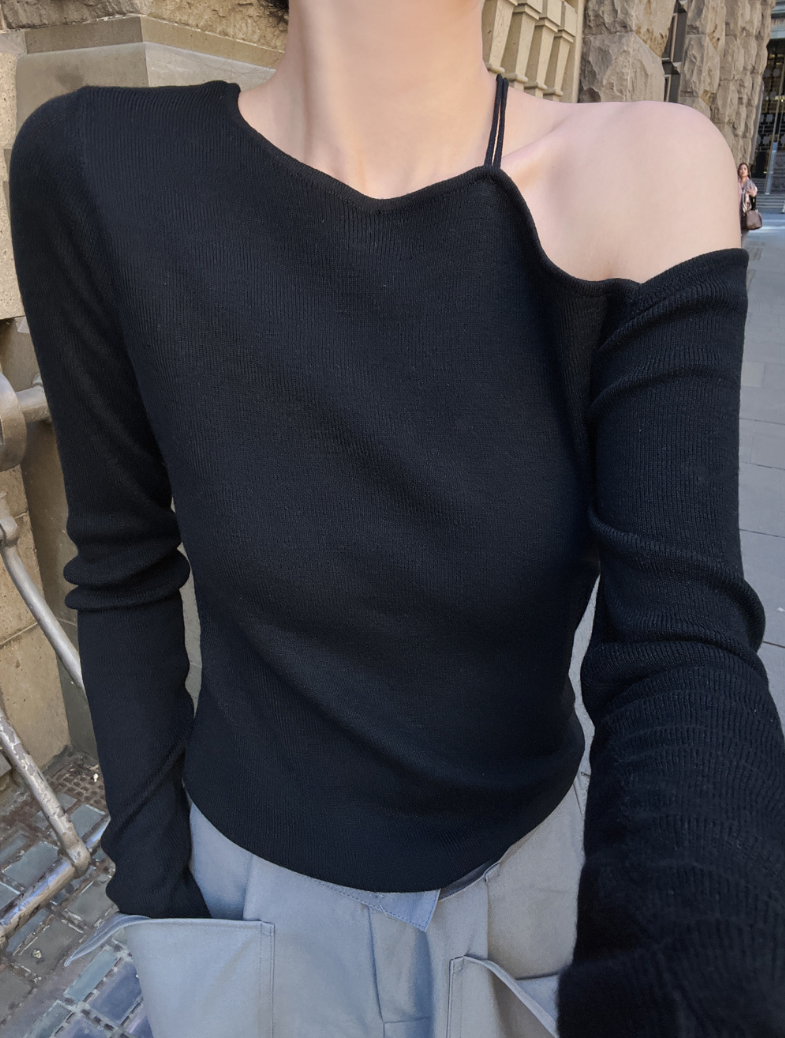 【即納】アシメショルダーニットトップス