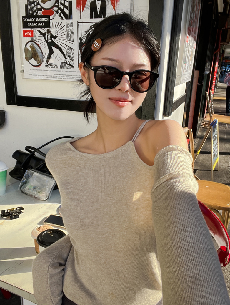 【即納】アシメショルダーニットトップス