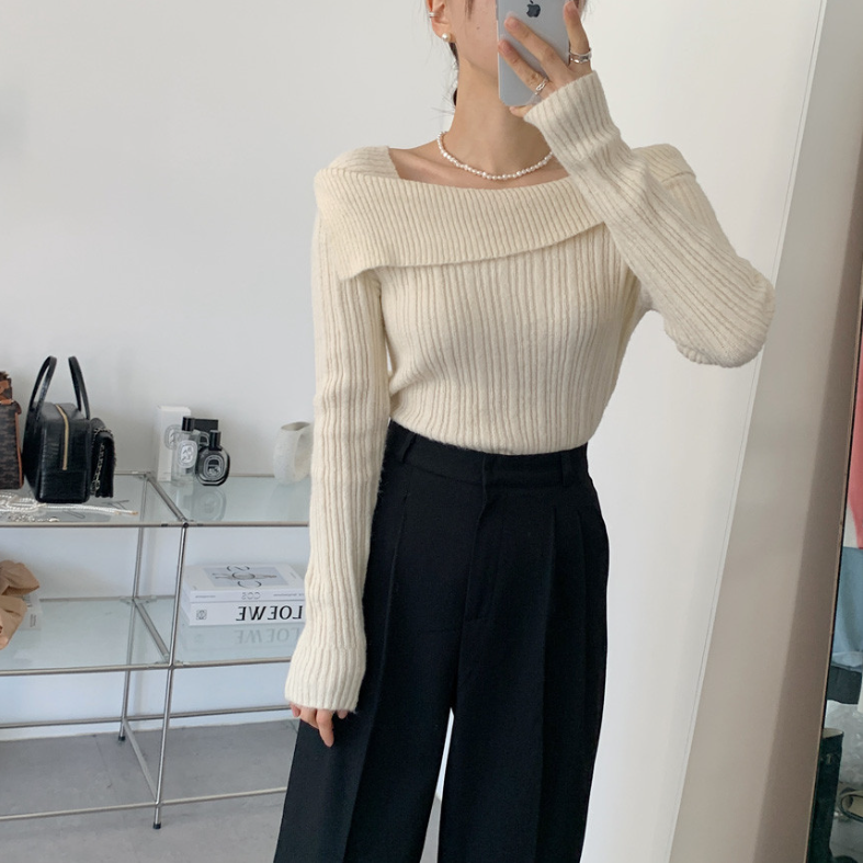 【一部即納】オフショルダーネックリブニットプルオーバー