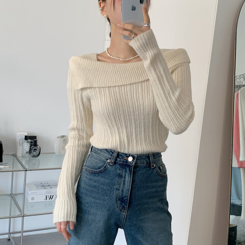 【一部即納】オフショルダーネックリブニットプルオーバー