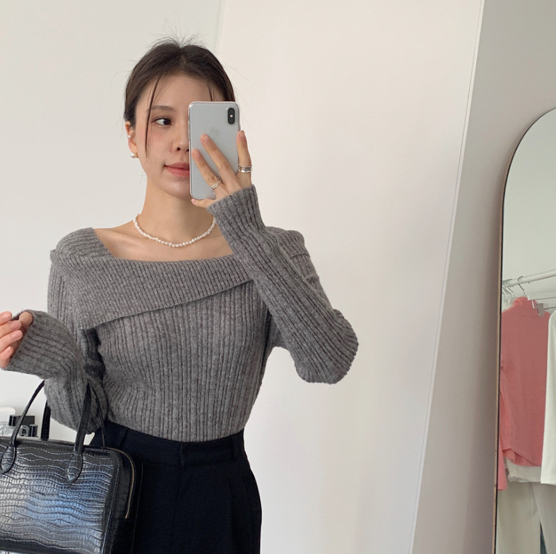 オフショルダーネックリブニットプルオーバー