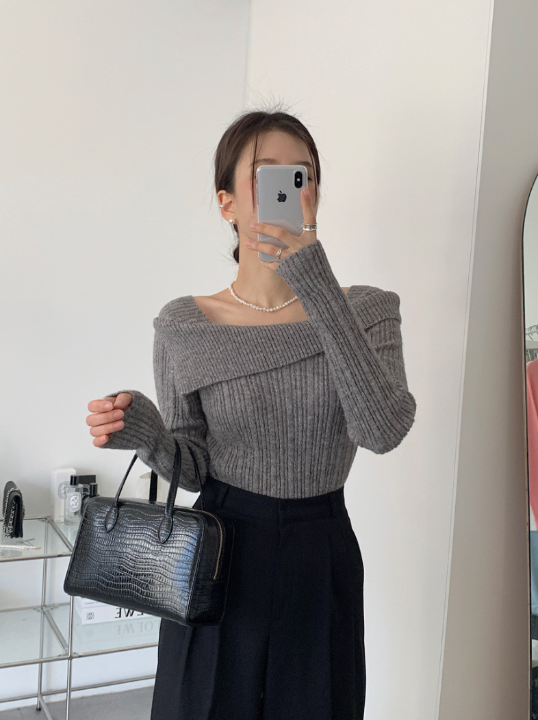 オフショルダーネックリブニットプルオーバー