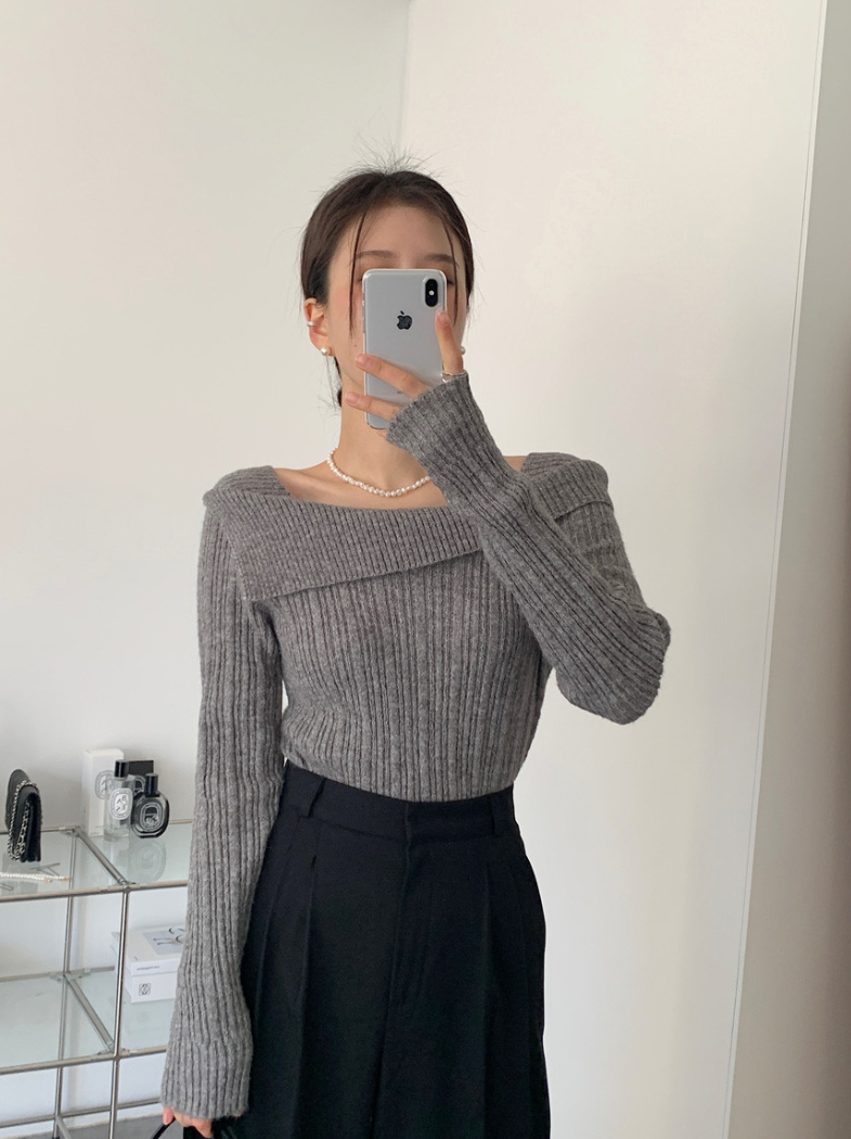 オフショルダーネックリブニットプルオーバー