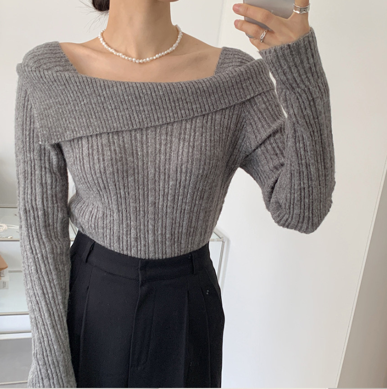 オフショルダーネックリブニットプルオーバー