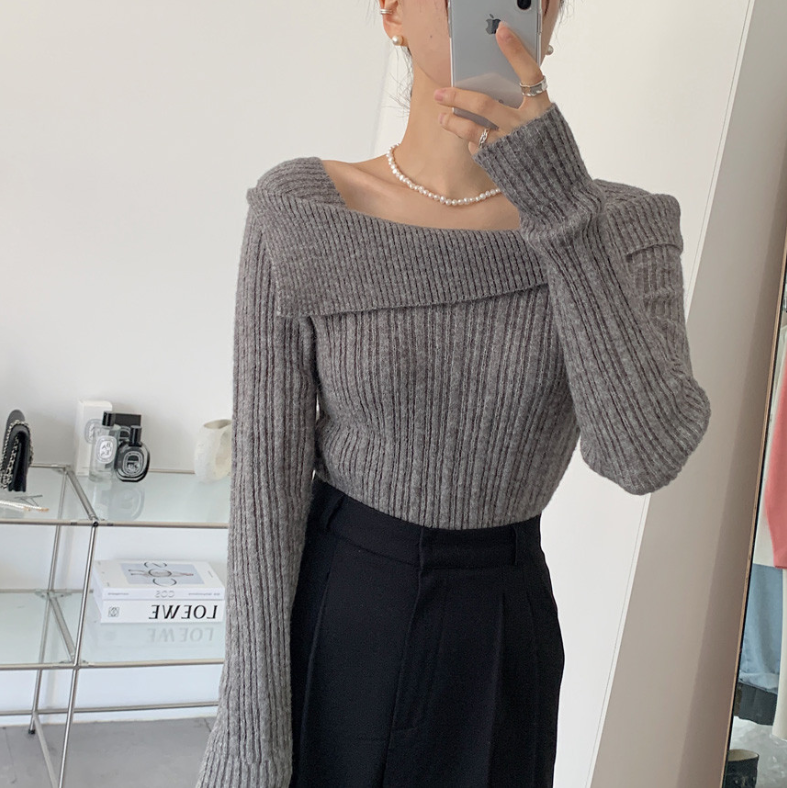 オフショルダーネックリブニットプルオーバー