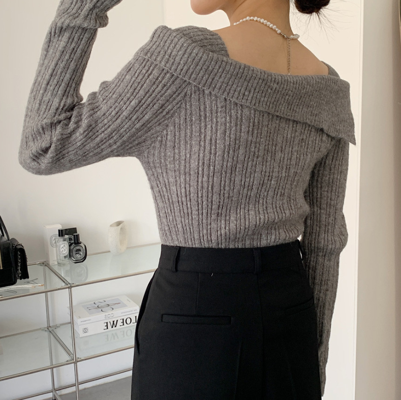 オフショルダーネックリブニットプルオーバー