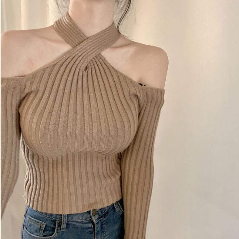 クロスオフショルダーリブニットトップス