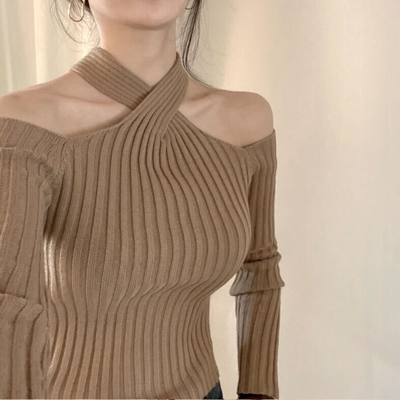 【一部即納】クロスオフショルダーリブニットトップス