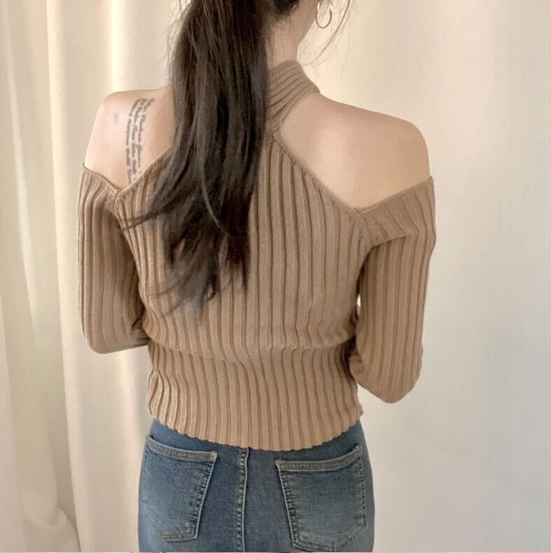 【一部即納】クロスオフショルダーリブニットトップス