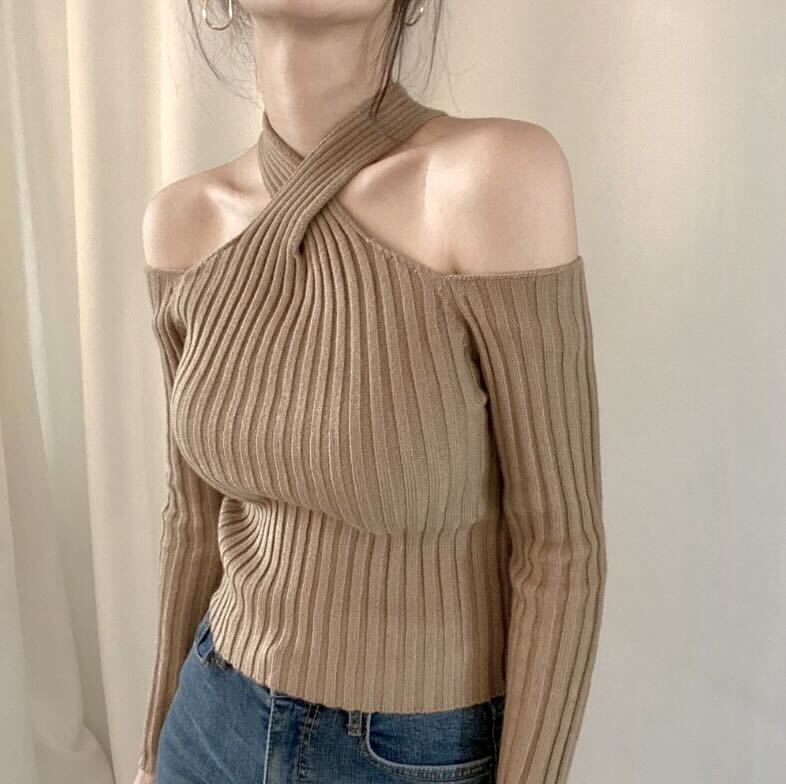 【一部即納】クロスオフショルダーリブニットトップス